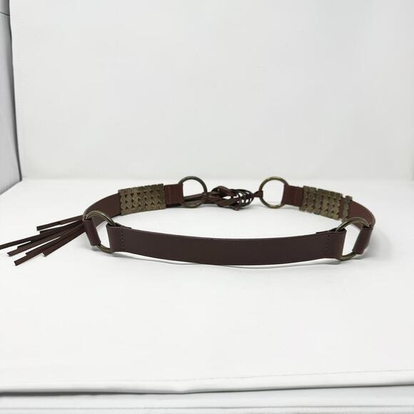 Brown Leather Brass Ring Tie Belt Sliding Brass Bars Fringe Belt Women\'s L Boho main image 11